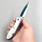 DA76 Folding Knife – Iridescent Shell-Inlay Butterfly Style; Sharp Stainless Steel Blade; Suitable for Camping, Outdoors, and Display.