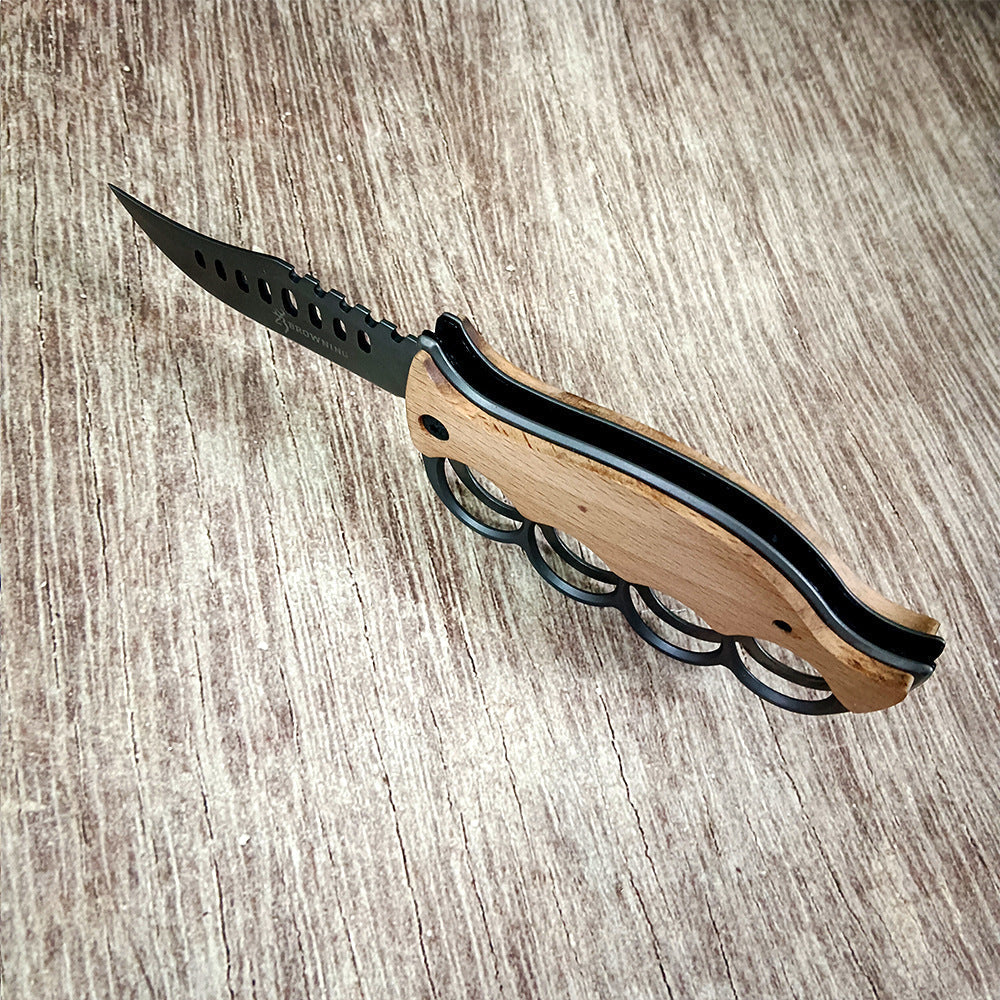 Outdoor survival knife, four-finger knuckle duster ring, high-hardness sharp stainless steel cutter, solid wood handle, sharp