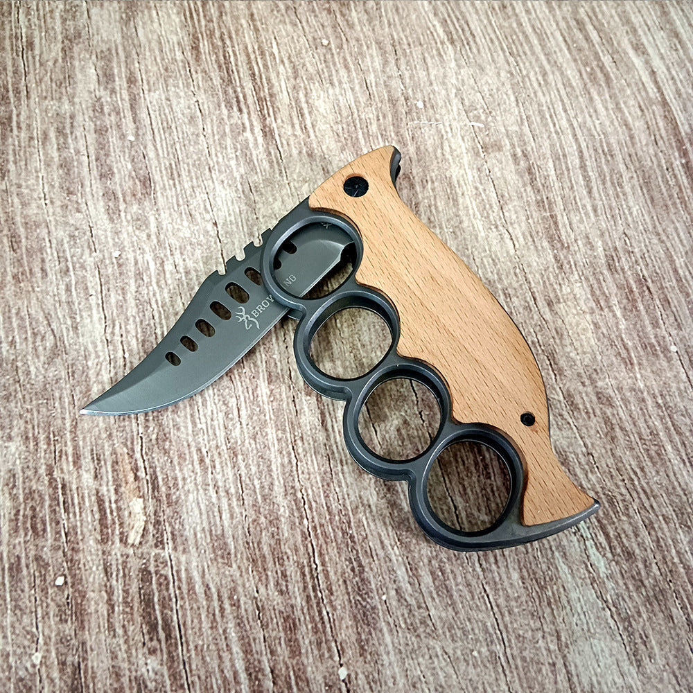 Outdoor survival knife, four-finger knuckle duster ring, high-hardness sharp stainless steel cutter, solid wood handle, sharp